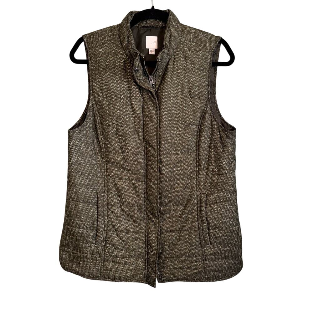 J. Jill Puffer Vest Womens Medium Green Collared Full Zip Pockets Outdoor Jacket